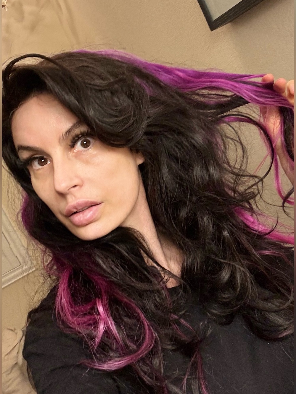 100% Human Hair Black with Purple Highlights Wig